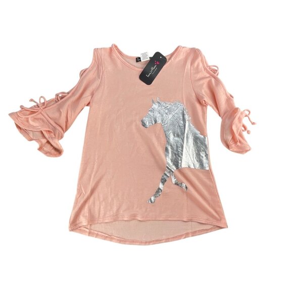 Love Alexa Girls Top Size M Unicorn Print Top Pink Ruffled Tie Sleeves Rayon Ble - Picture 4 of 8